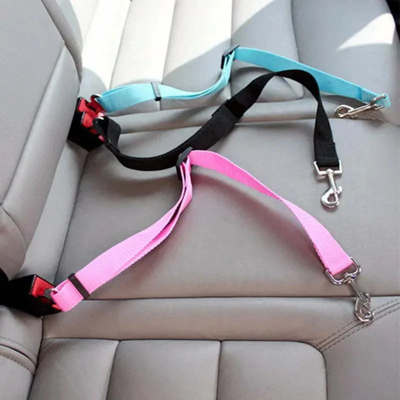 Adjustable pet car seat belt with nylon strap and metal clip for secure pet safety in vehicles