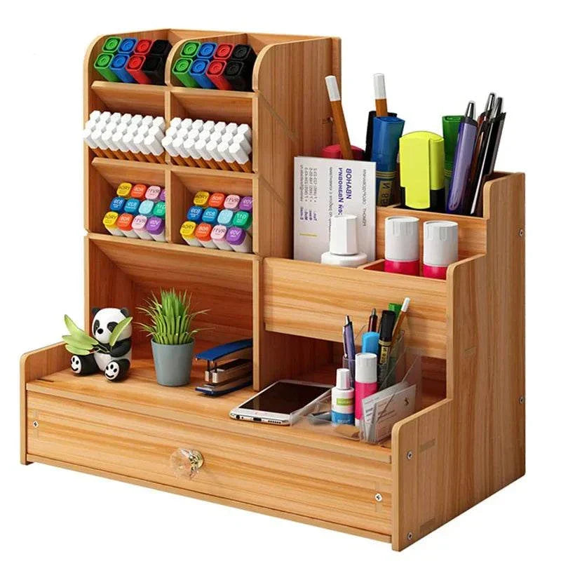 Wooden desk organiser with multiple compartments and drawer for stationery storage