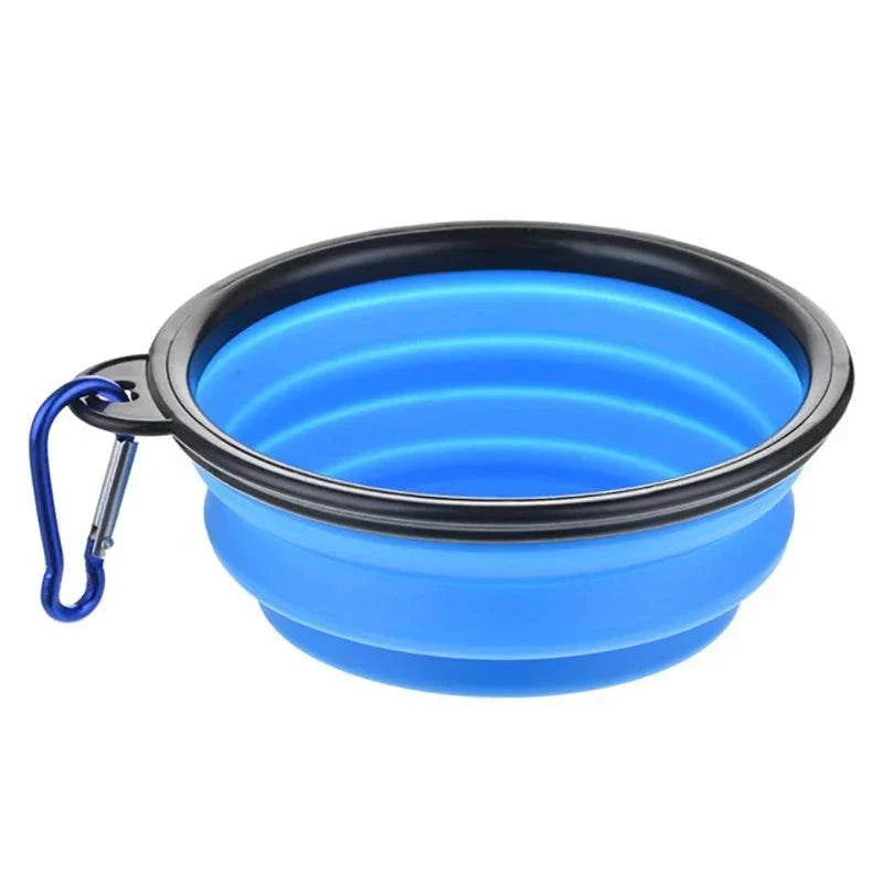 Collapsible blue pet dog bowl with carabiner hook for travel and outdoor use