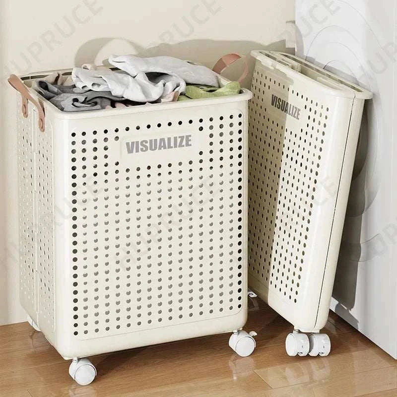 Foldable laundry organizer basket with wheels and handles, cream white, space-saving hamper for clothes and toys storage.