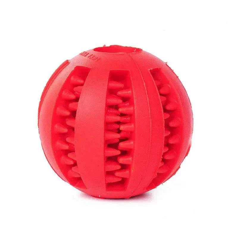 Durable rubber dog toy ball for chewing, treat feeding, and teeth cleaning
