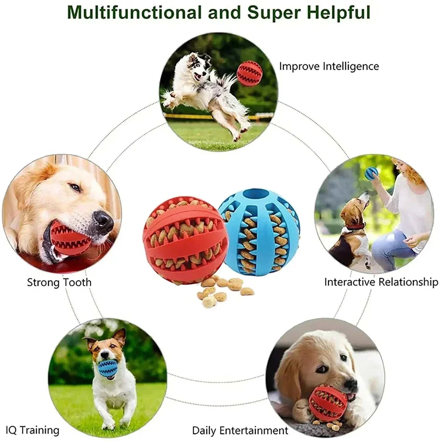 Interactive rubber dog toy ball for chewing, teeth cleaning, and treat dispensing