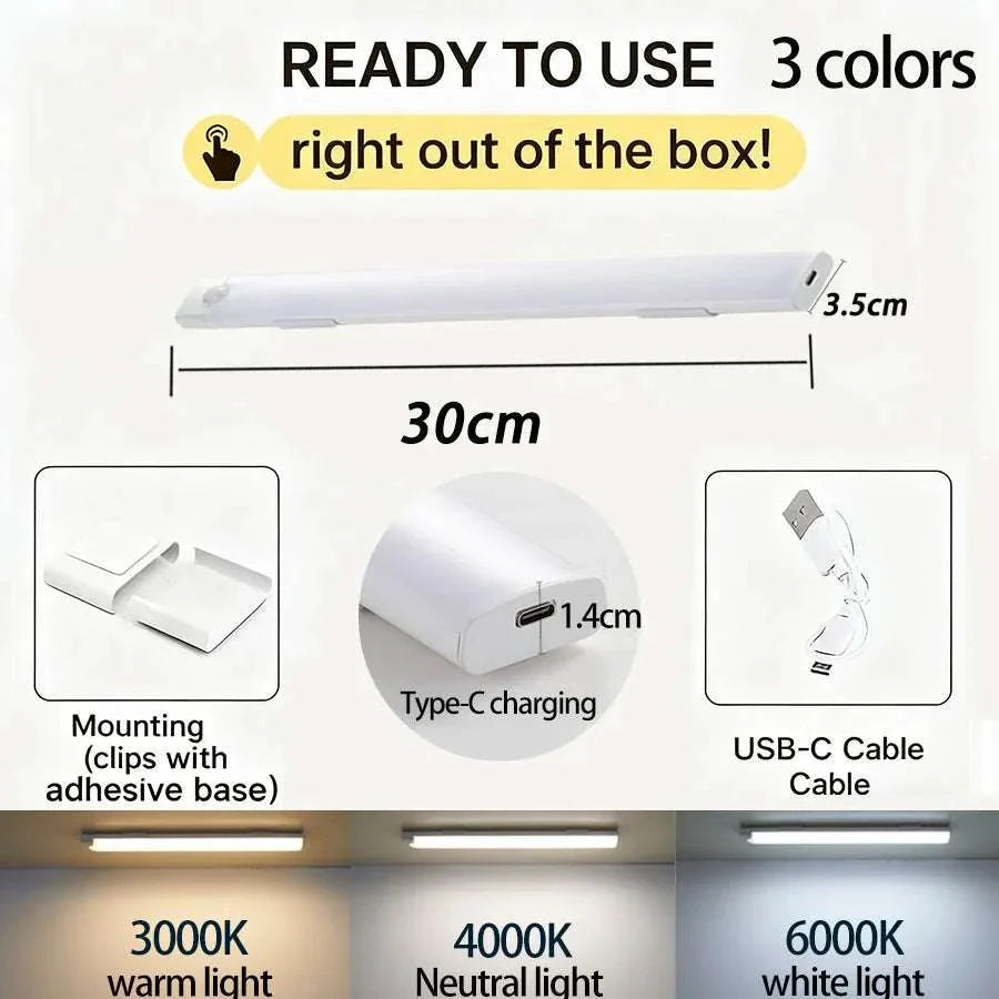 Wireless LED Cabinet Light 30cm rechargeable with motion sensor and Type-C charging for kitchen and closet lighting