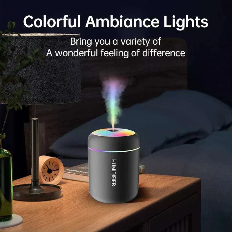 Compact mini air humidifier with USB power and LED light for aromatherapy and improved air quality