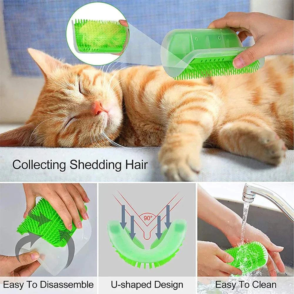 Corner-mounted pet cat brush for hair removal and gentle massage grooming