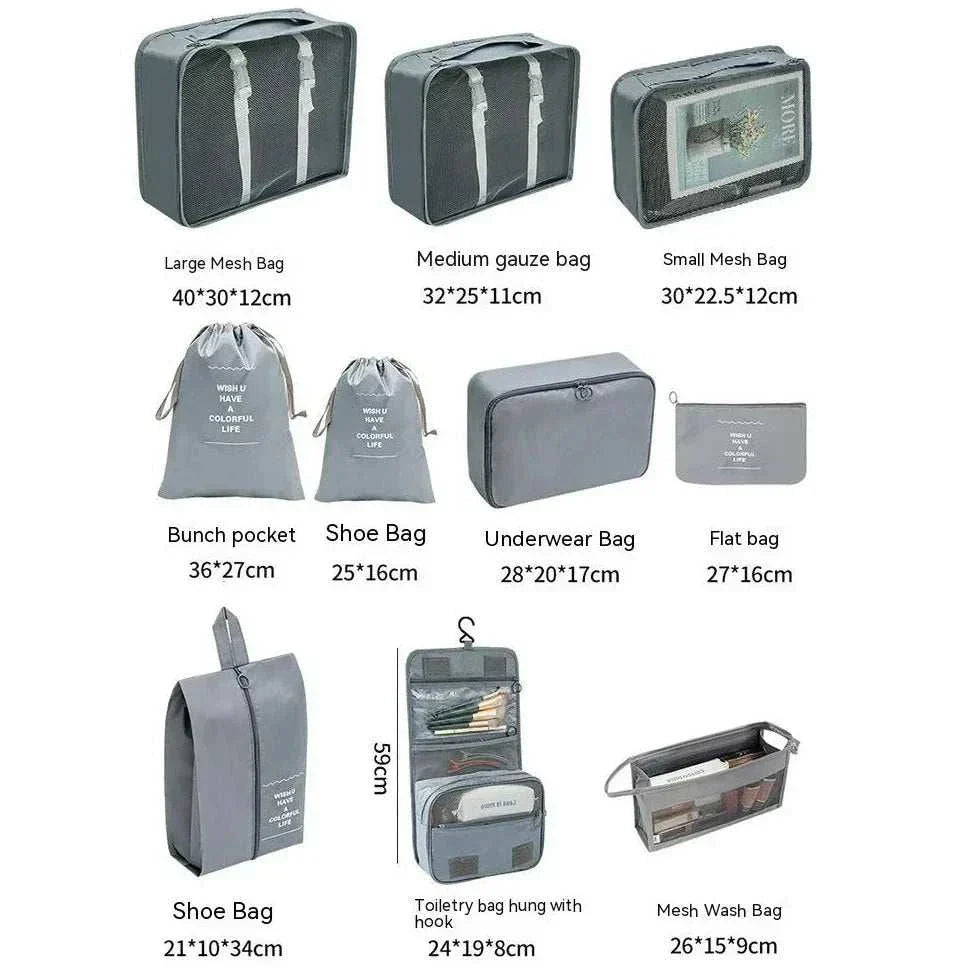 Set of portable travel organizer storage bags in various sizes for clothes and accessories