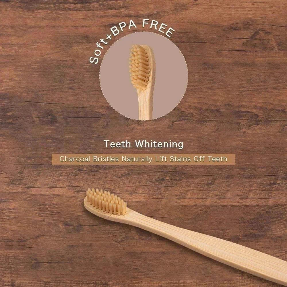 Natural bamboo toothbrush set with black bristles, eco-friendly and biodegradable handles