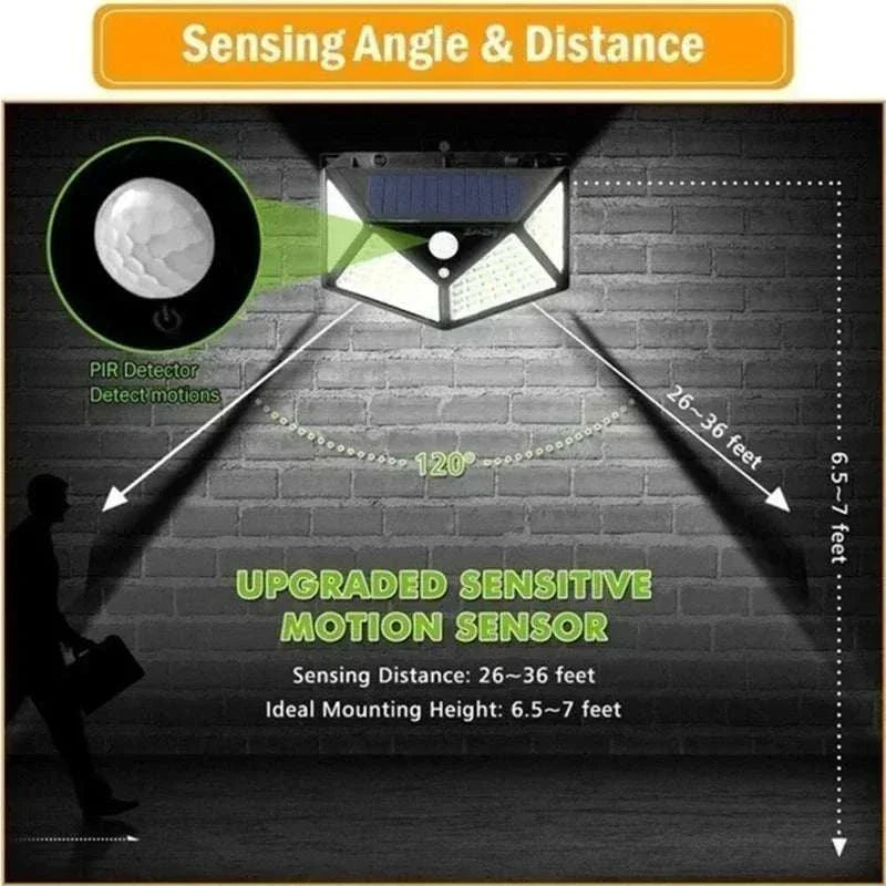 100 LED solar wall light with motion sensor and wide-angle illumination for outdoor use