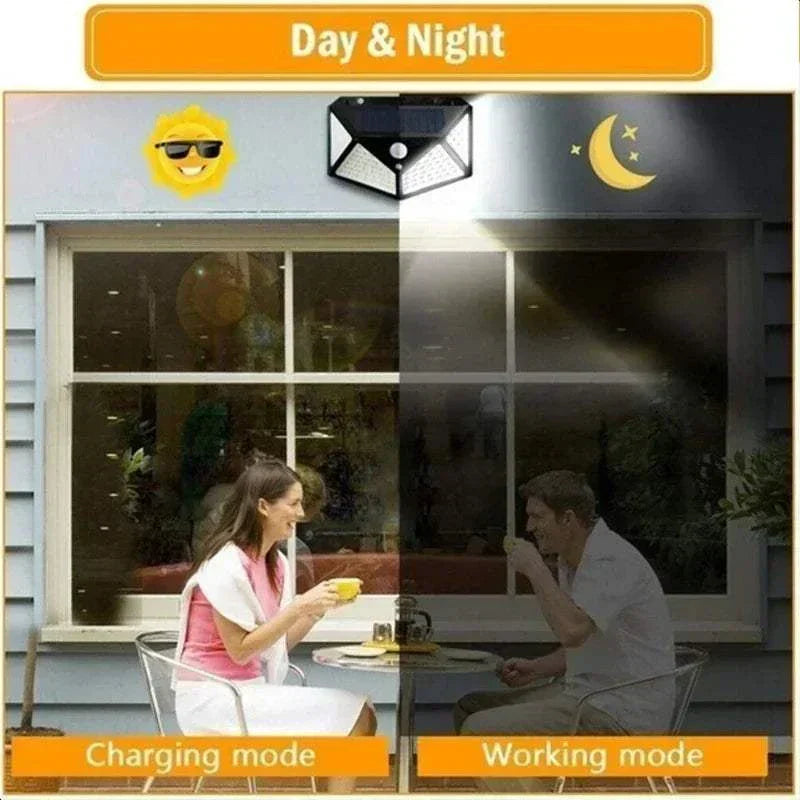 100 LED solar wall lights with motion sensor and wide-angle illumination for outdoor use