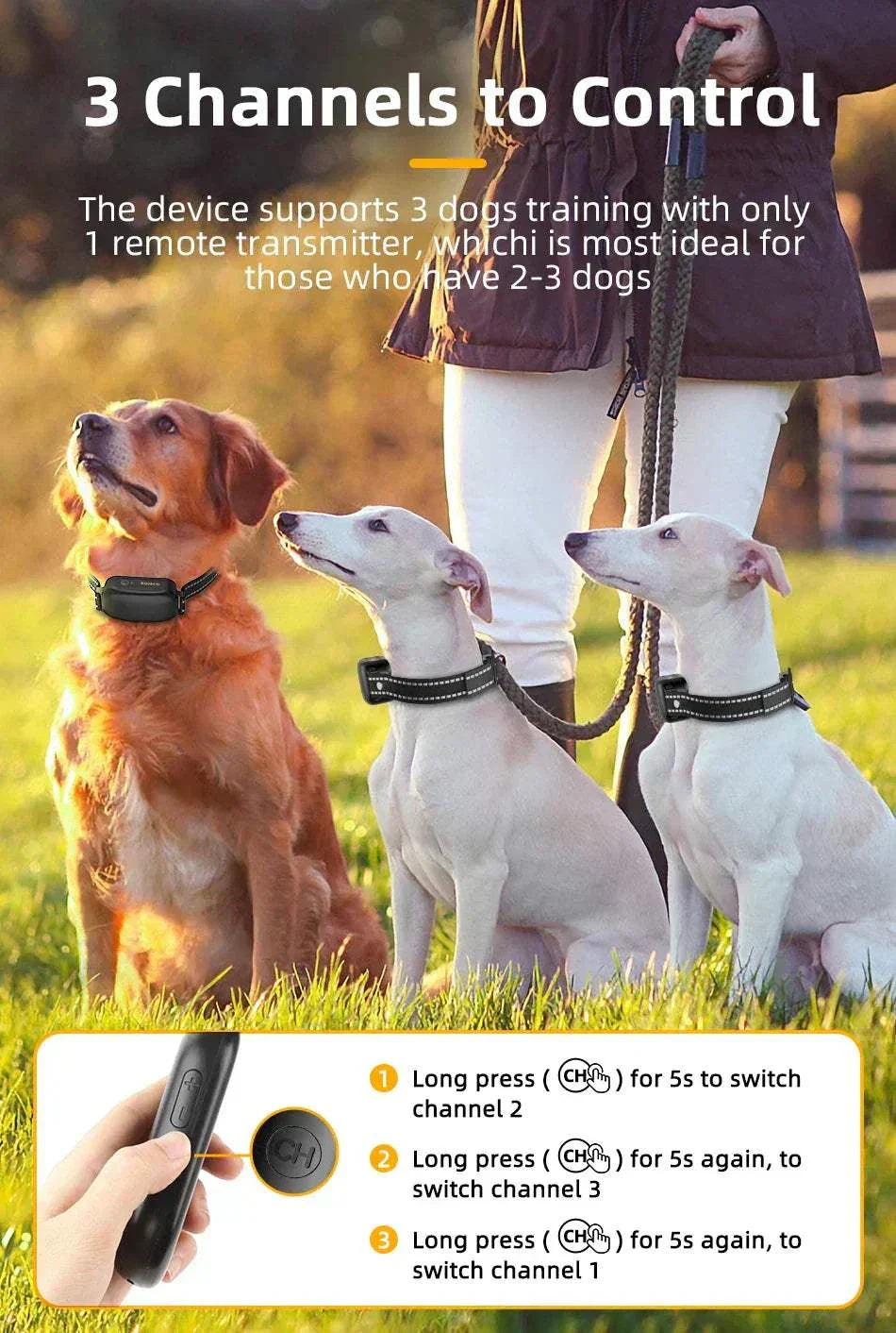 Electric dog training collar with remote control supporting three dogs and multiple training modes for effective obedience and bark control.