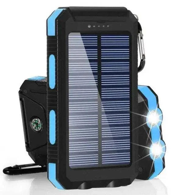 Portable solar power bank 80000mAh with LED light, compass, and dual USB ports for smartphone charging outdoors