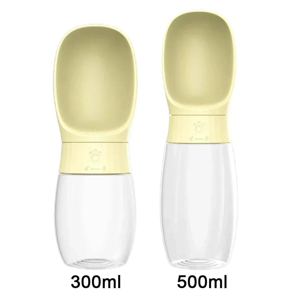 Portable dog water bottle with attached drinking bowl, available in 300ml and 500ml sizes, leak-proof design for outdoor use.