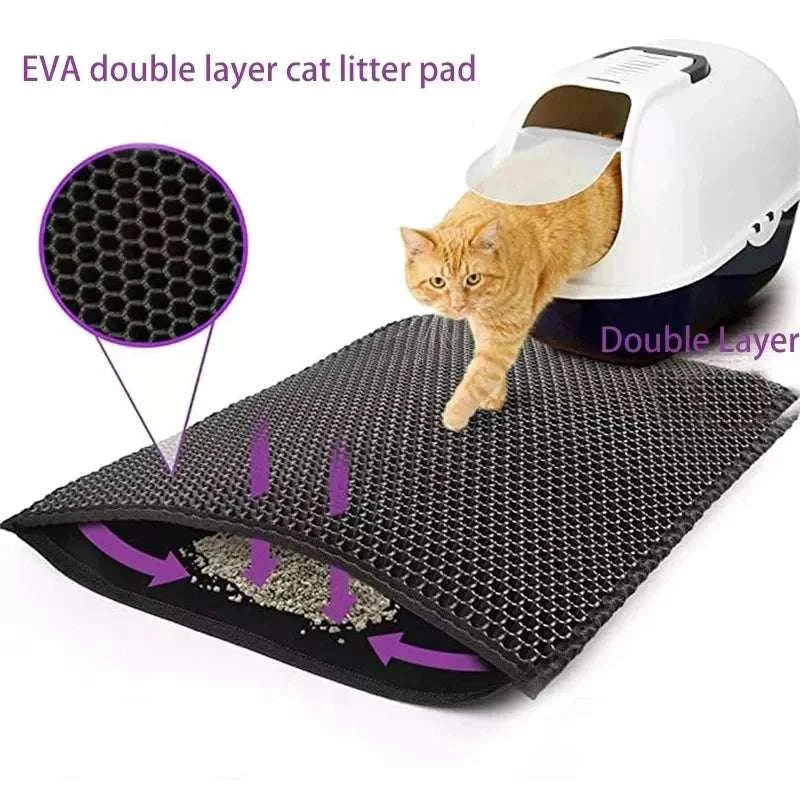 Double layer waterproof cat litter mat with honeycomb surface and anti-slip base for effective litter trapping and easy cleaning