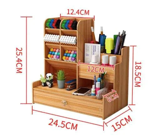 Wooden desk organiser with multiple compartments and drawer for pens and stationery