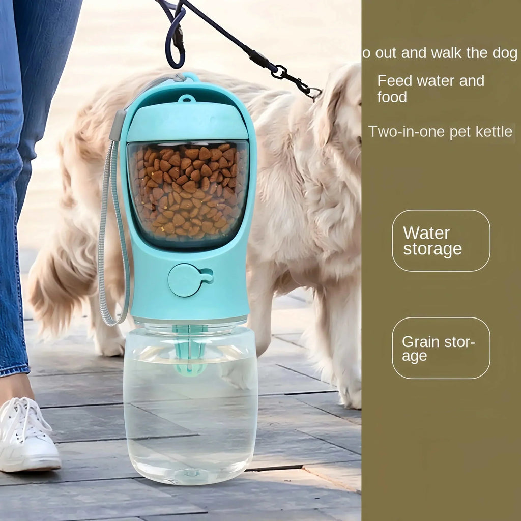 Portable dog cat water bottle with 2-in-1 water dispenser and food container for travel and outdoor use