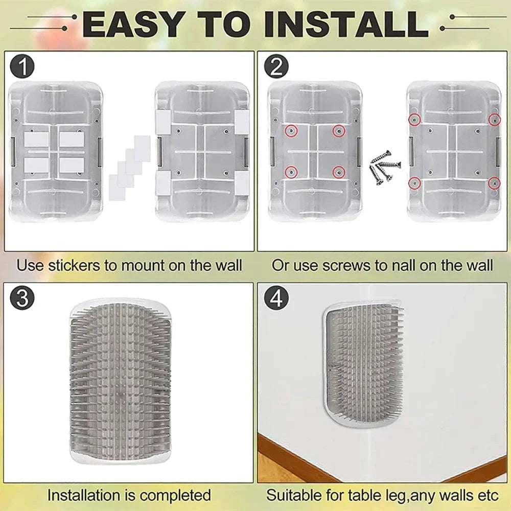 Corner-mounted pet cat brush for grooming and gentle massage with durable plastic and detachable design