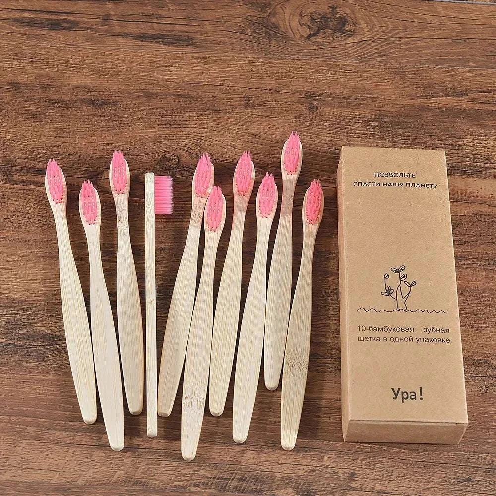 10-piece natural bamboo toothbrush set with black bristles eco-friendly biodegradable handles