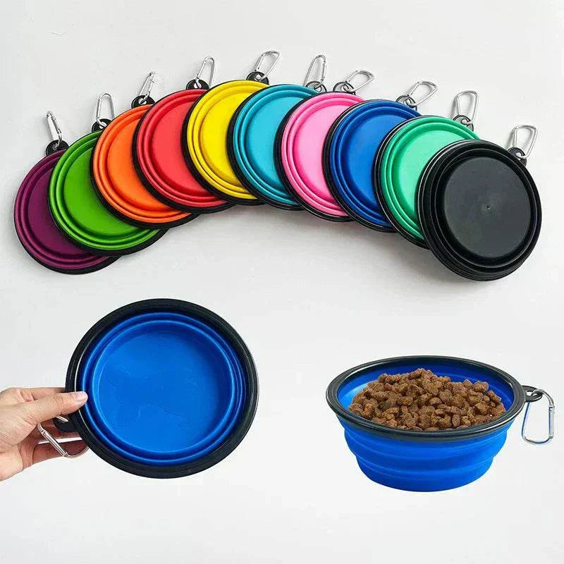 Colorful collapsible portable pet dog bowls with carabiner clips for outdoor travel and camping