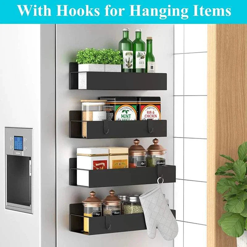 Magnetic refrigerator organizer with adjustable shelves and hooks for condiments and utensils, side-mounted stainless steel kitchen storage rack