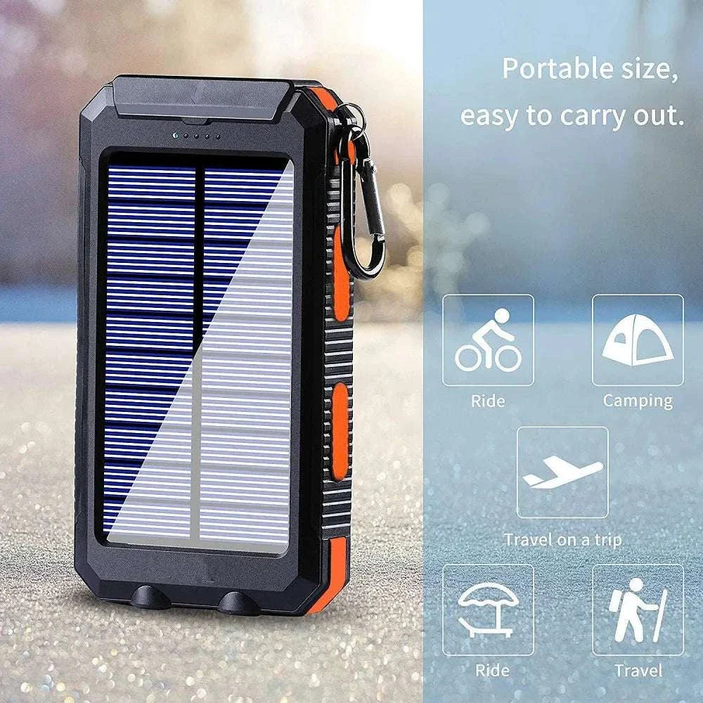 Portable solar power bank 80000mAh with LED light and dual USB for outdoor travel charging