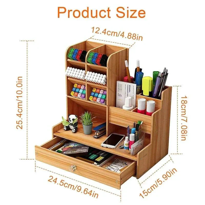 Wooden desk organiser with drawer and multiple compartments for pens and stationery on a natural wood finish desk