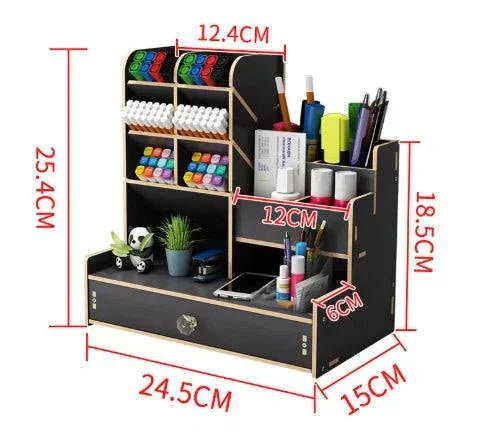 Wooden desk organiser with multiple compartments and drawer for pens and stationery