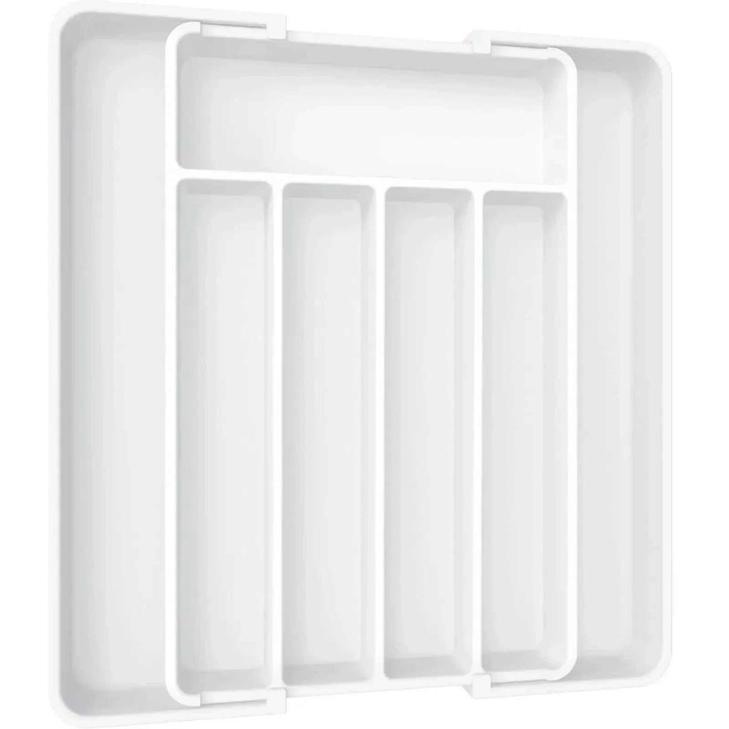 Adjustable white pantry organizer tray with expandable compartments for utensils and cutlery storage in kitchen drawers