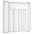 Adjustable white pantry organizer tray with expandable compartments for utensils and cutlery storage in kitchen drawers