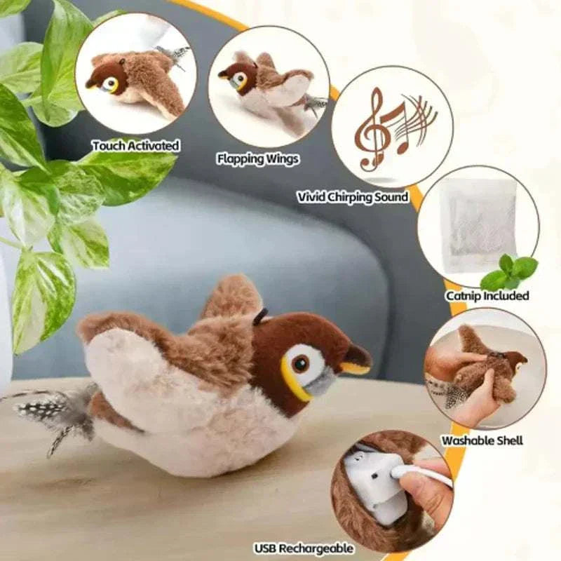 Interactive plush simulated bird cat toy with chirping sounds and flapping wings