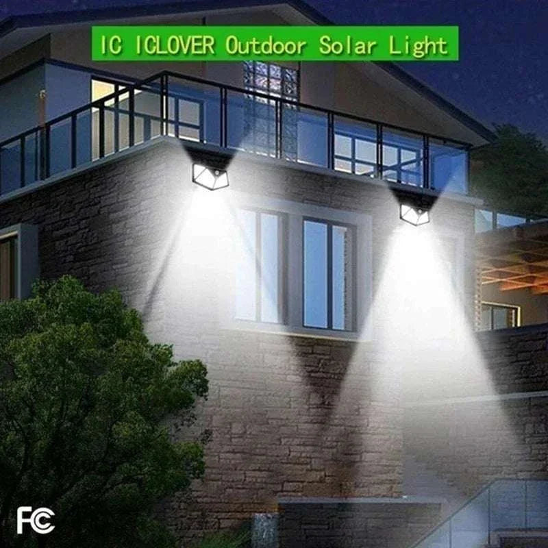100 LED solar wall light with motion sensor and wide-angle outdoor illumination