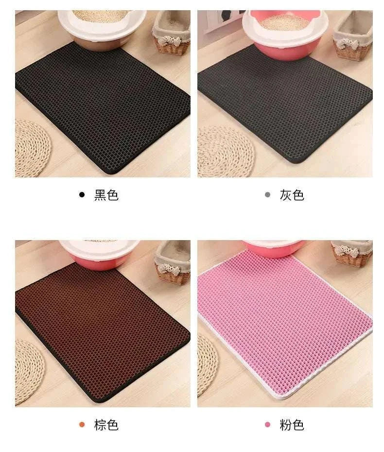 Double layer waterproof cat litter mat with honeycomb design and non-slip base for trapping litter and protecting floors