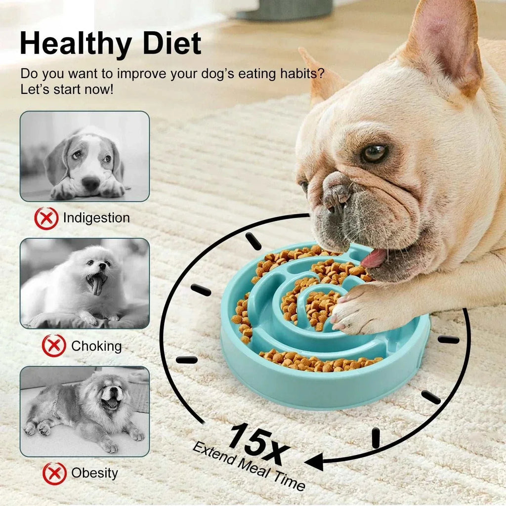 Anti-gulping pet dog slow feeder bowl with interactive maze pattern and non-slip base for safe, controlled feeding