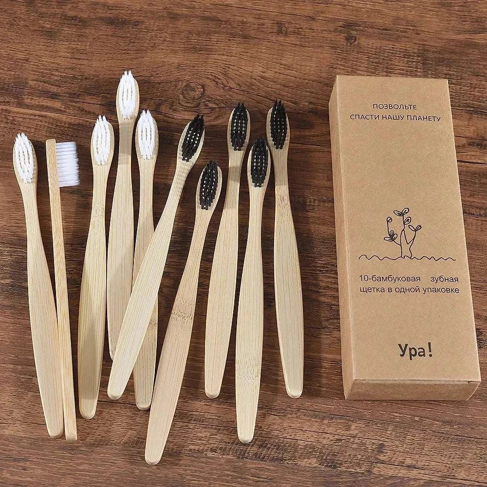 10-piece eco-friendly bamboo toothbrush set with black bristles, sustainable and biodegradable handles