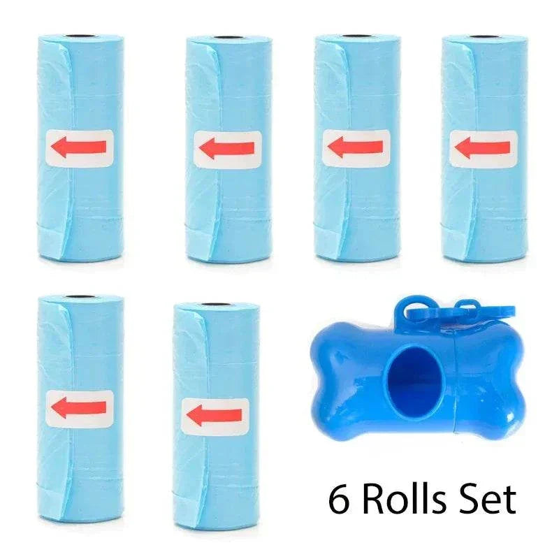 Set of 6 rolls biodegradable pet poop bags with blue bone-shaped dispenser and leash clip