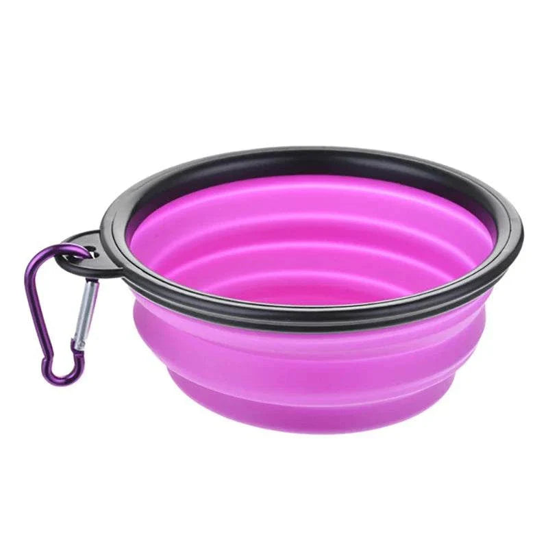 Collapsible purple silicone pet dog bowl with black rim and attached carabiner clip for travel and outdoor use